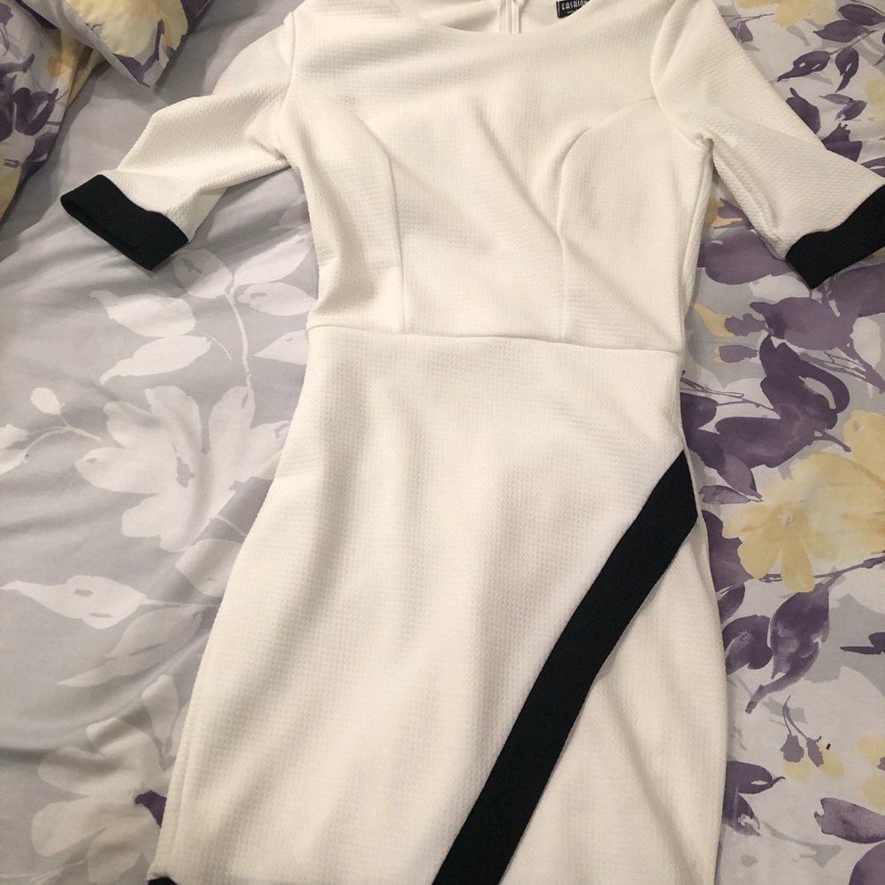 Asymmetrical White Mini Dress w/ Black Detail